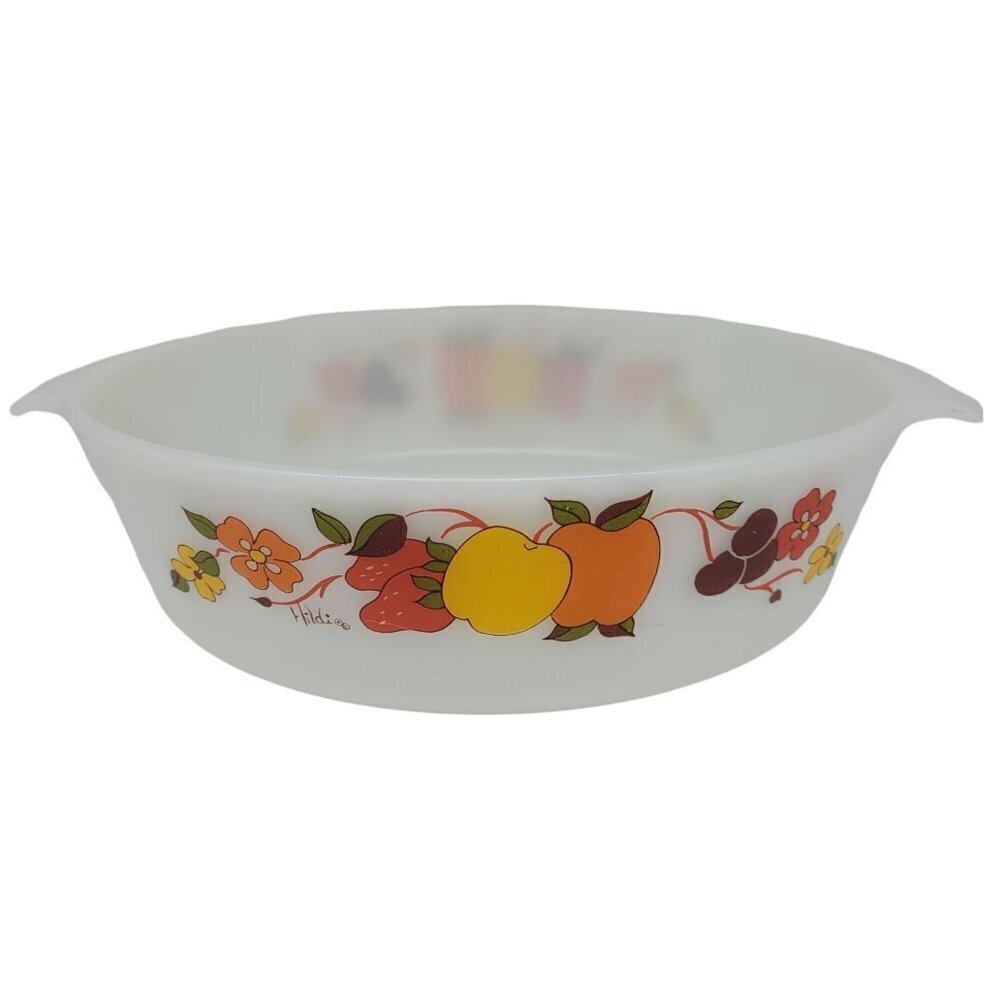 Vintage Anchor Hocking 2 Quart Round Casserole Dish Hildi Fruit Design EUC